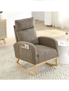 Rocking Chair Modern Accent Chair, Teddy Glider Rocker with High Backrest Side Pocket & Rubber Wood Legs, Rocking Accent Armchair for Living Room - 咖啡棕 - 查看 2