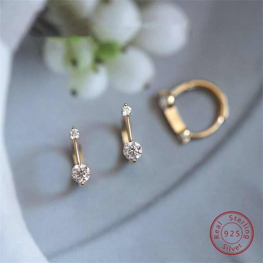 925 Silver Cubic Zirconia Hoop Earrings Hypoallergenic Dainty Women Hoop Earrings Fine Jewelry - Gold - View 1