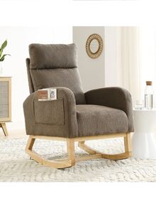Rocking Chair Modern Accent Chair, Teddy Glider Rocker with High Backrest Side Pocket & Rubber Wood Legs, Rocking Accent Armchair for Living Room - 咖啡棕 - 查看 3