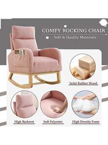 Rocking Chair Modern Accent Chair, Teddy Glider Rocker with High Backrest Side Pocket & Rubber Wood Legs, Rocking Accent Armchair for Living Room - Pink - View 5