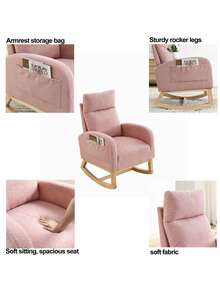 Rocking Chair Modern Accent Chair, Teddy Glider Rocker with High Backrest Side Pocket & Rubber Wood Legs, Rocking Accent Armchair for Living Room - Pink - View 8