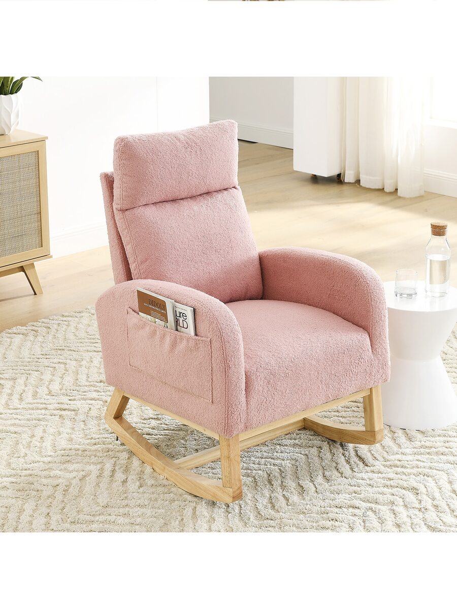 Rocking Chair Modern Accent Chair, Teddy Glider Rocker with High Backrest Side Pocket & Rubber Wood Legs, Rocking Accent Armchair for Living Room - Pink - View 1