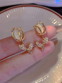 2入組法式鬱金香造型合金＆鋯石花狀耳針,適用於日常佩戴,派對和生日禮物 - 金黃色 - 查看 3