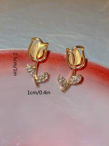 2入組法式鬱金香造型合金＆鋯石花狀耳針,適用於日常佩戴,派對和生日禮物 - 金黃色 - 查看 6