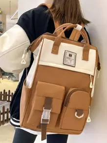 Women's Vintage Solid Color Functional Backpack, Large Capacity Rucksack Casual Outdoor Travel Daypack Commute Storage Bag, Simple Portable Preppy Style School Bag With Zipper For College Students Junior High School Students, School Supplies,School Backpack,School Bag,Backpack For School,Back To School,School Bookbag, Suitable For Teen Girls Women College Students,Boys And Men