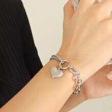 Fashionable Stainless Steel Heart & Almond Shaped Chunky Link Chain Bracelet Valentines,Mom,Mother,Mother's Day,Gift