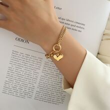 Fashionable Stainless Steel Heart & Almond Shaped Chunky Link Chain Bracelet Valentines,Mom,Mother,Mother's Day,Gift
