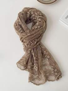 1入組女性復古蕾絲花卉刺繡長款圍巾披肩,合適的適用於日常穿著 - 卡其色 - 查看 1
