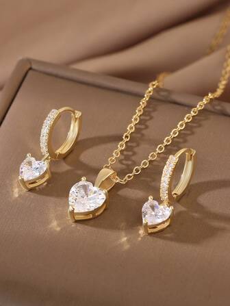 1 Set Fashionable Luxury Copper Zirconia Earrings & Pendant Necklace, Gift For Girlfriend