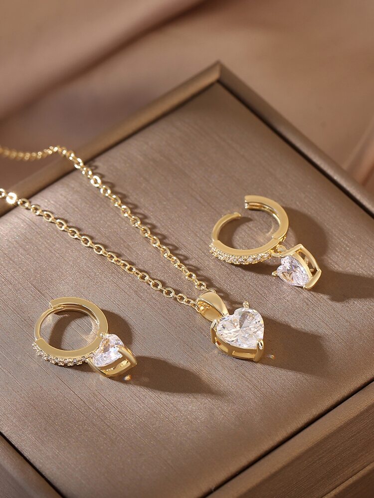 1 Set Fashionable Luxury Copper Zirconia Earrings & Pendant Necklace, Gift For Girlfriend