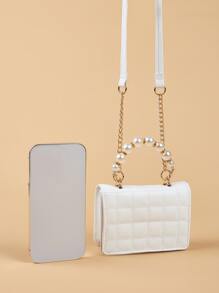 1pc Girls Pearl Quilted Mini Handbag Shoulder Bag, Suitable For Matching Clothes - White - View 4
