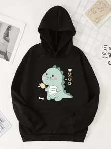 MURAMASA Capucha con dibujos animados con letra coreana con estampado con cordón con forro térmico - Negro - Ver 1