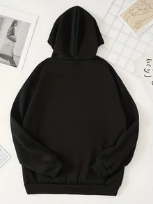 MURAMASA Capucha con dibujos animados con letra coreana con estampado con cordón con forro térmico - Negro - Ver 2