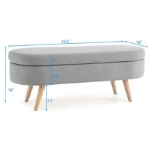 Ottoman Oval Storage Bench, Rubber Wood Legs, Grey - Grey - View 3