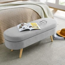 Ottoman Oval Storage Bench, Rubber Wood Legs, Grey - Grey - View 1