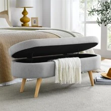 Ottoman Oval Storage Bench, Rubber Wood Legs, Grey - Grey - View 9