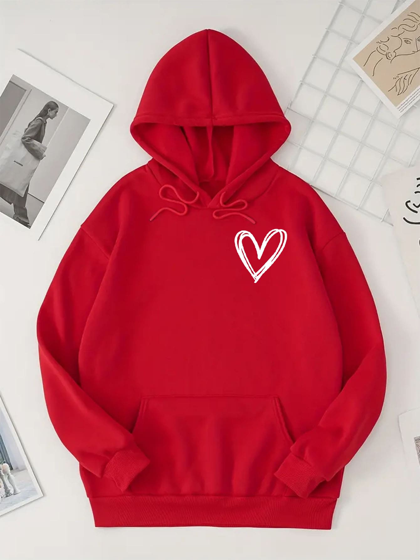 MURAMASA Heart Print Thermal Hoodie With Drawstring Kangaroo Pocket - Red - View 1