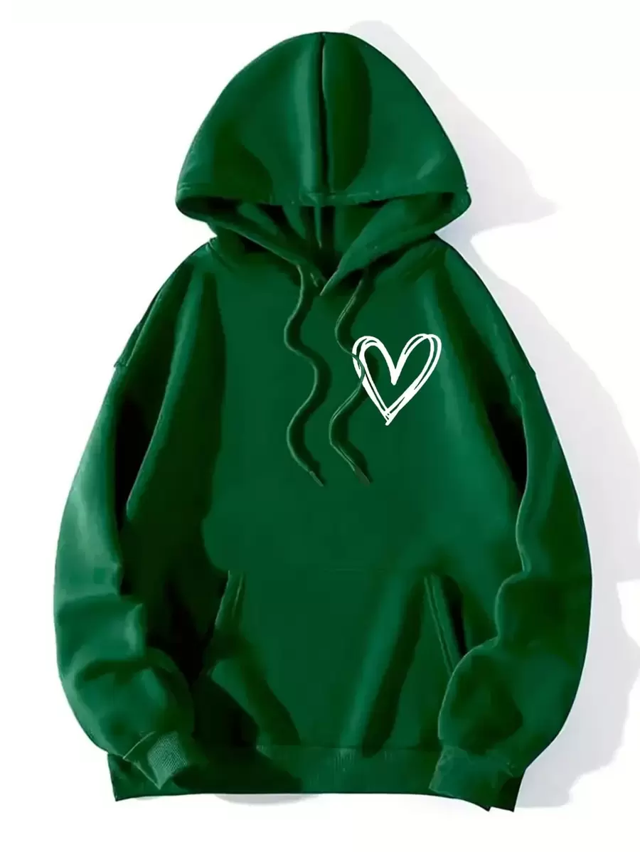 MURAMASA Heart Print Thermal Hoodie With Drawstring Kangaroo Pocket - Hijau - View 1