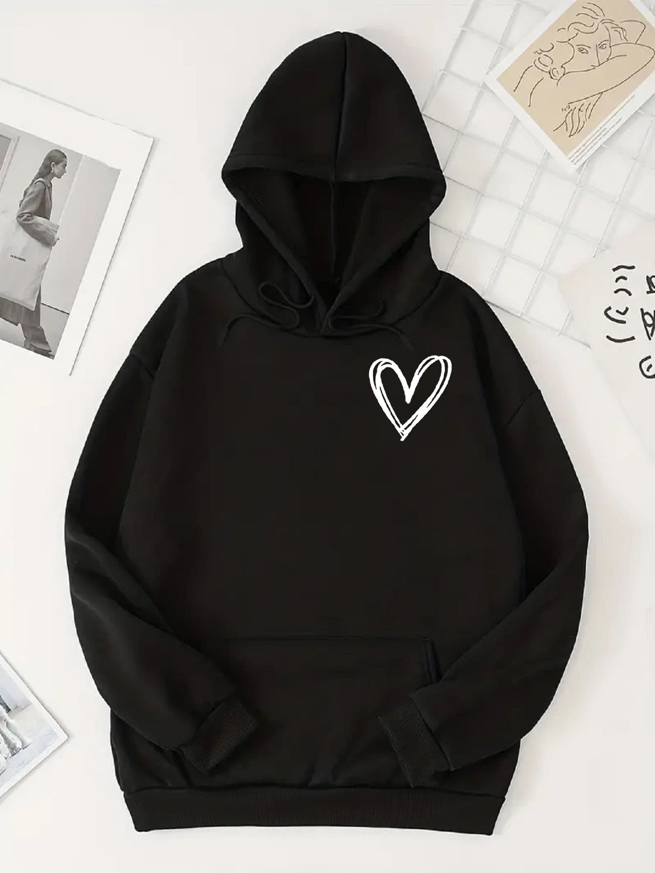 MURAMASA Capucha térmica con estampado de corazón con bolsillo de canguro con cordón - Negro - Ver 1