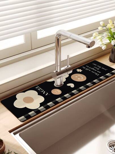 1入組黑色&格紋織物拼貼背景花朵形狀輕敲水排水墊帶防滑泥,合適的適用於各種各樣水龍頭在浴室和廚房