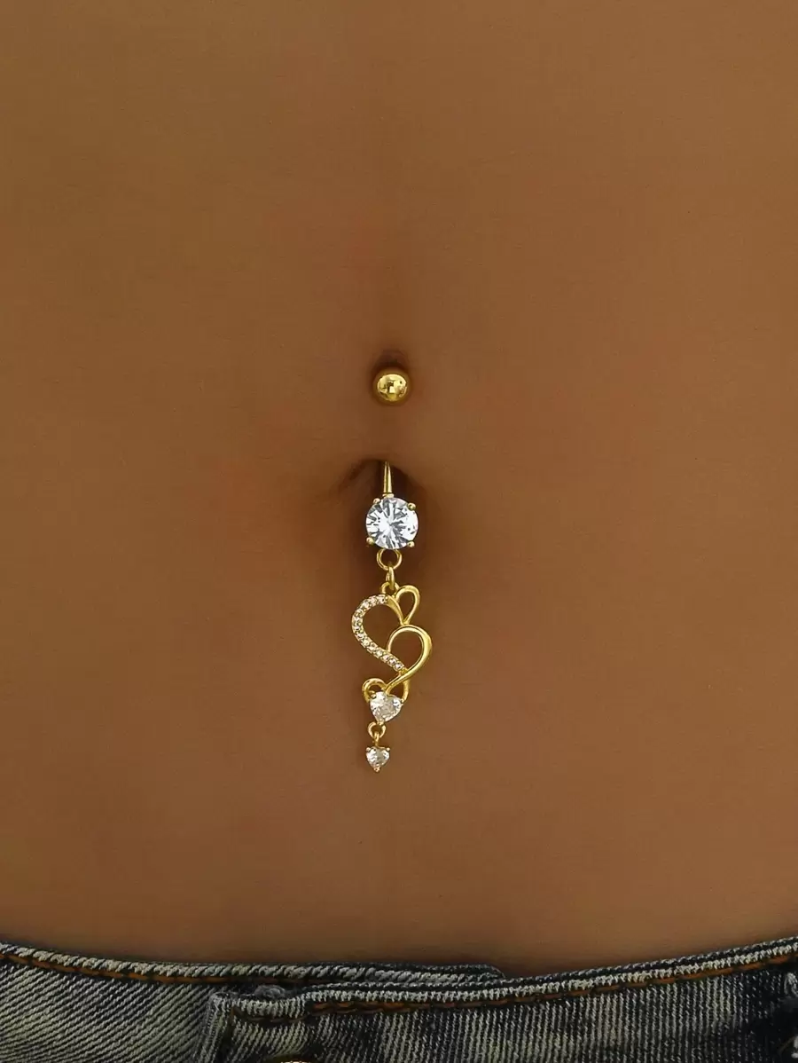 BR211 Nhẫn rốn dài hình trái tim bằng đá Cubic Zirconia dành cho nữ trang sức cơ thể ngày lễ tình nhân - Vàng - Xem 1