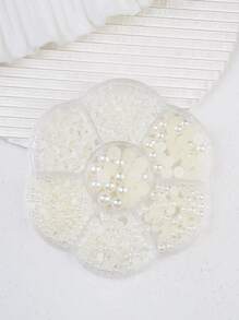 1盒假珍珠指甲貼片套裝，珍珠米白色半圓平底全圓大小混合 - 米色 - 查看 4