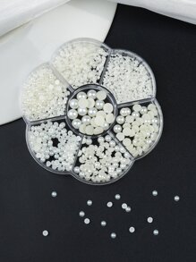 1盒假珍珠指甲貼片套裝，珍珠米白色半圓平底全圓大小混合 - 米色 - 查看 2