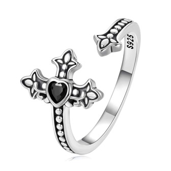  BAMOER Faith Cross Ring 925 Sterling Silver Black Zirconia Vintage Pattern Open Ring For Women Statement Jewelry BSR298