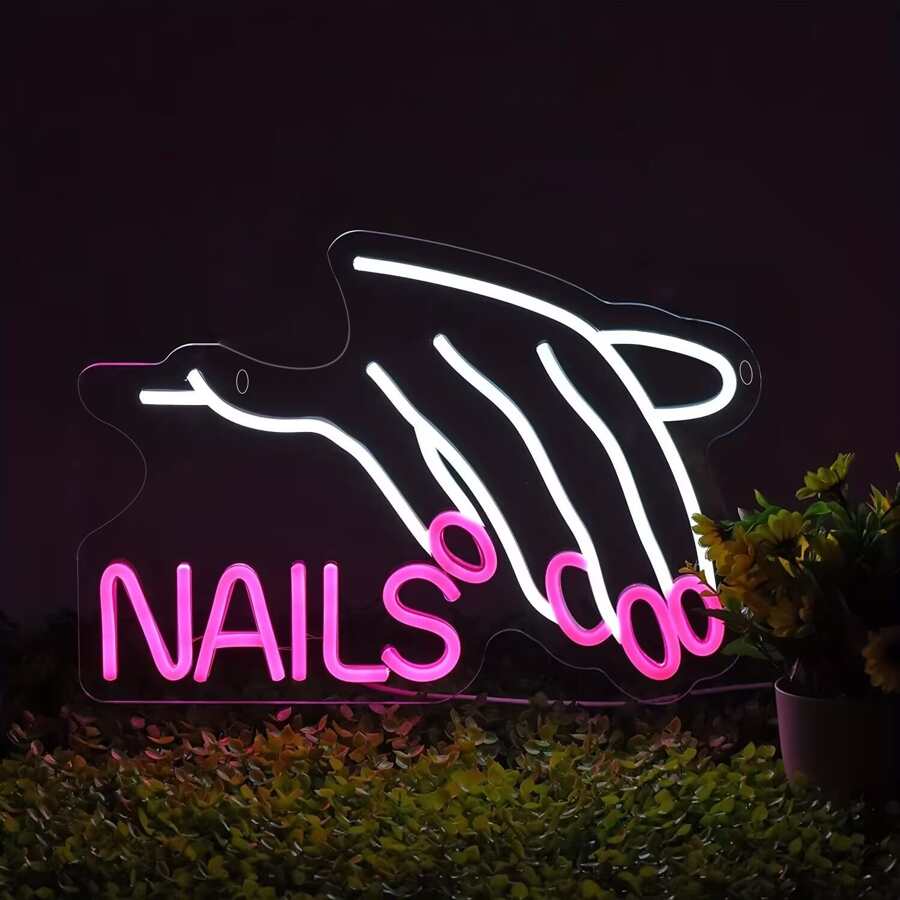 1入組PMMA霓虹燈,創意手掌&字母設計可調節LED霓虹燈招牌適用於店鋪裝飾 - 粉色 - 查看 1