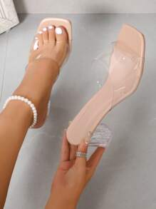 Mùa hè Của phụ nữ Pha lê trong suốt Cao gót Dép đi trong nhà , 2023 Mới Phong cách Pháp Chóp giầy mở ra Dép xăng đan - Màu be - Xem 5