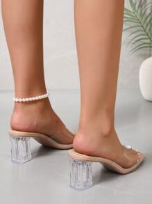 Mùa hè Của phụ nữ Pha lê trong suốt Cao gót Dép đi trong nhà , 2023 Mới Phong cách Pháp Chóp giầy mở ra Dép xăng đan - Màu be - Xem 3