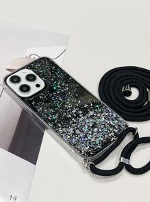 Sequin Decor Phone Case With Lanyard - Black - View 5