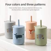 1pc 150ml Cartoon Animal Pattern Cup With Lid And Straw For Kids, Silicone Anti-fall Portable Drinking Cup - Blue - View 5