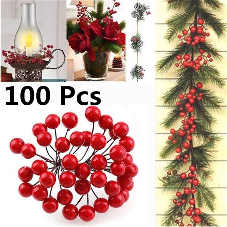 100入組聖誕節裝飾人造冬青莓果線束花環花圈聖誕樹飾品 - 紅色 - 查看 1