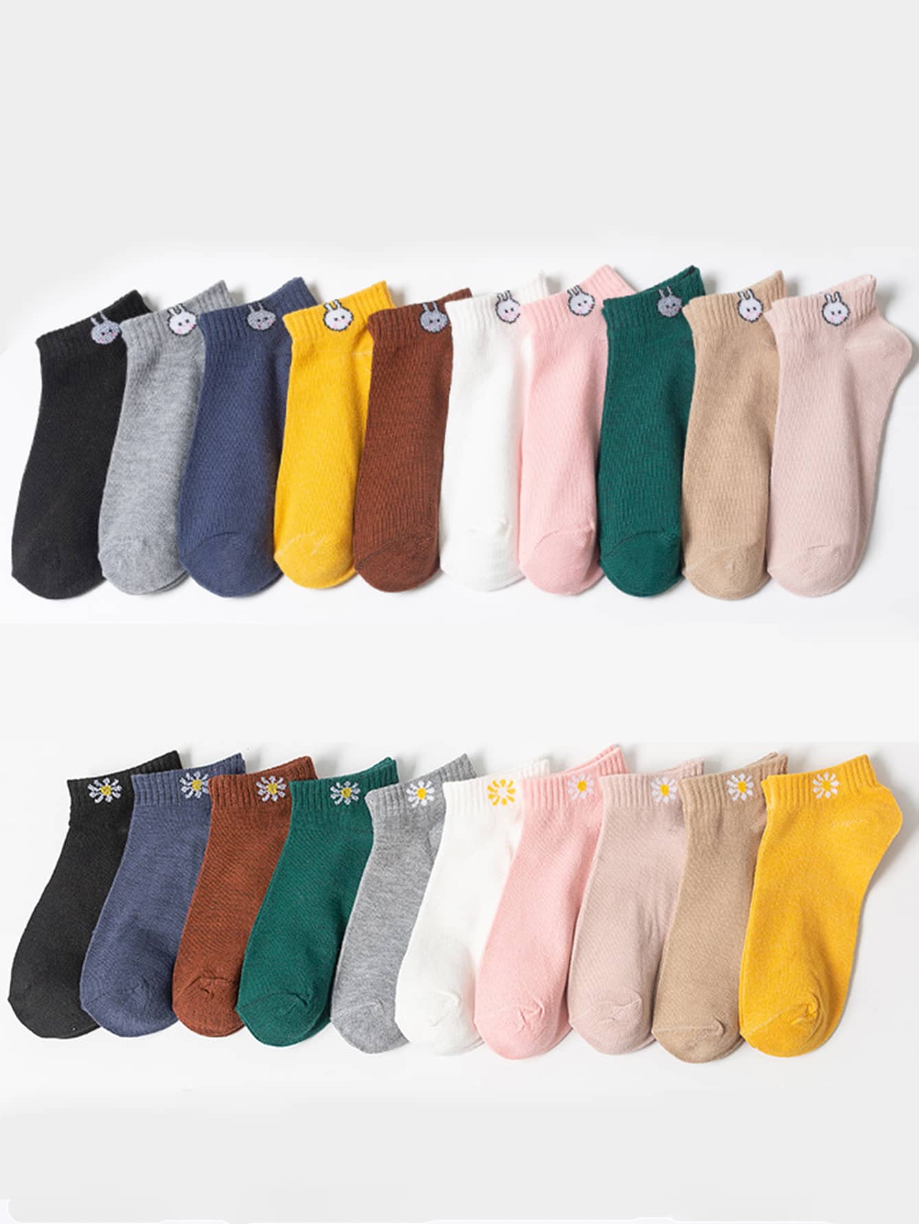 20 đôi/gói tất cổ ngắn nữ họa tiết hoa và thỏ nhỏ dễ thương, có thể cá nhân hóa. - Nhiều màu - Xem 1