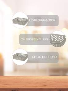 Kit Com 3 Cestos Organizador Multiuso Empilhavel sem tampa 24 cm - Cinza - Visão 3
