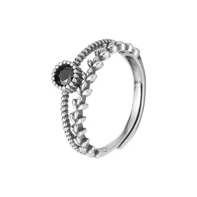 GAGAFEEL 1入組時尚S925純銀黑色方晶鋯石葉子細節可調節圓環