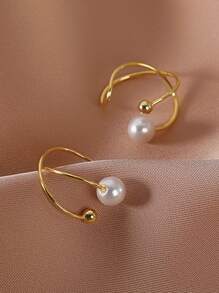 1pair Simple Faux Pearl Clip-On Earrings - Yellow Gold - View 3