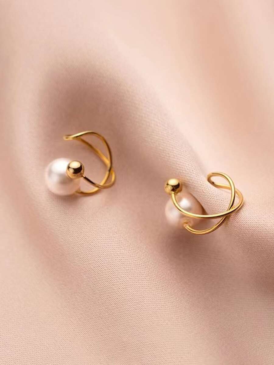 1pair Simple Faux Pearl Clip-On Earrings - Yellow Gold - View 1