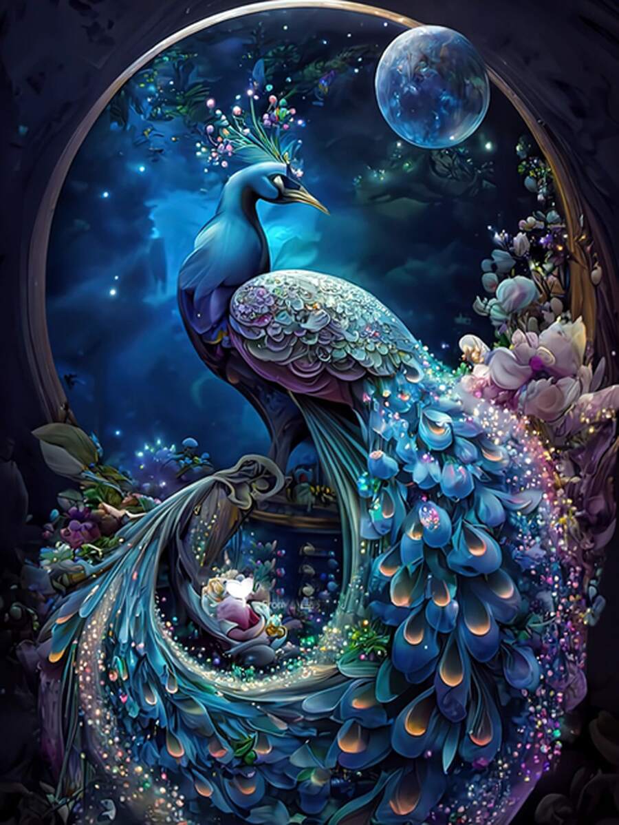 Giường đôi Hình vuông 5D DIY Tranh kim cương Xanh Con công Mặt trăng Phong cảnh Hình ảnh Của Pha lê Kim cương Khảm Nhà  Trang trí - Đen và trắng - Xem 1