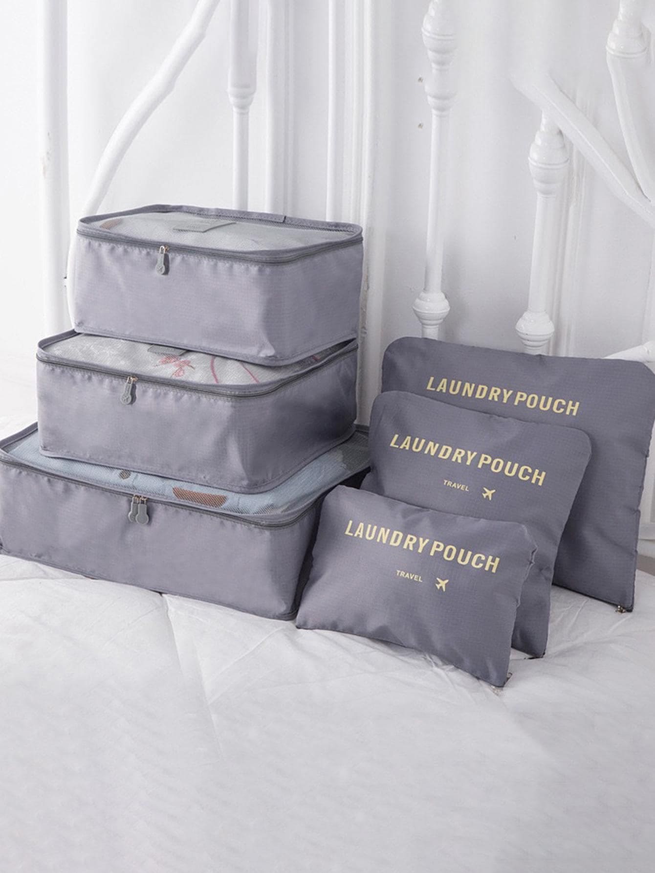 6 Cái/bộ Túi Bảo Quản Quần Áo Đồ Họa Chữ Cái, Túi Du Lịch Polyester Hiện Đại Cho Gia Đình - Xám - Xem 1