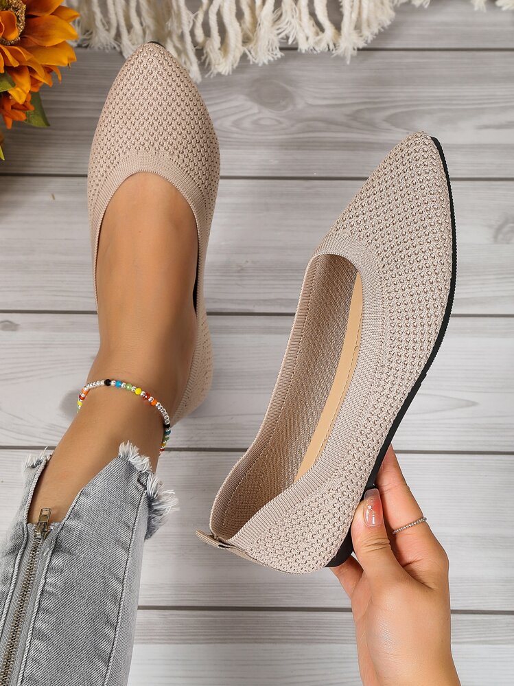 European And American Style Large Size Breathable Slip-on Casual Flat Pointed Toe Solid Soft Sole Knitted Women's Office Work Shoes - Beige - View 1