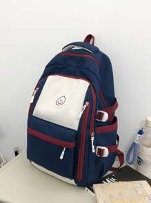 1pc Unisex Color Block College Style Backpack For Casual Use - Navy Blue - View 2