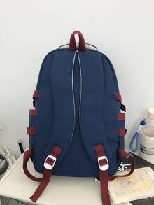 1pc Unisex Color Block College Style Backpack For Casual Use - Navy Blue - View 4