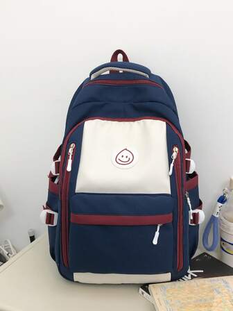 1入組中性撞色學院風後背包適用於休閒使用