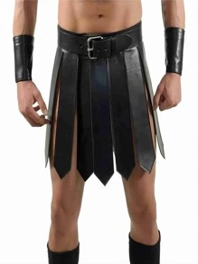 1pc Medieval Black PU Leather Roman Warrior Outfit With Accessories & Battle Skirt - Black - View 1