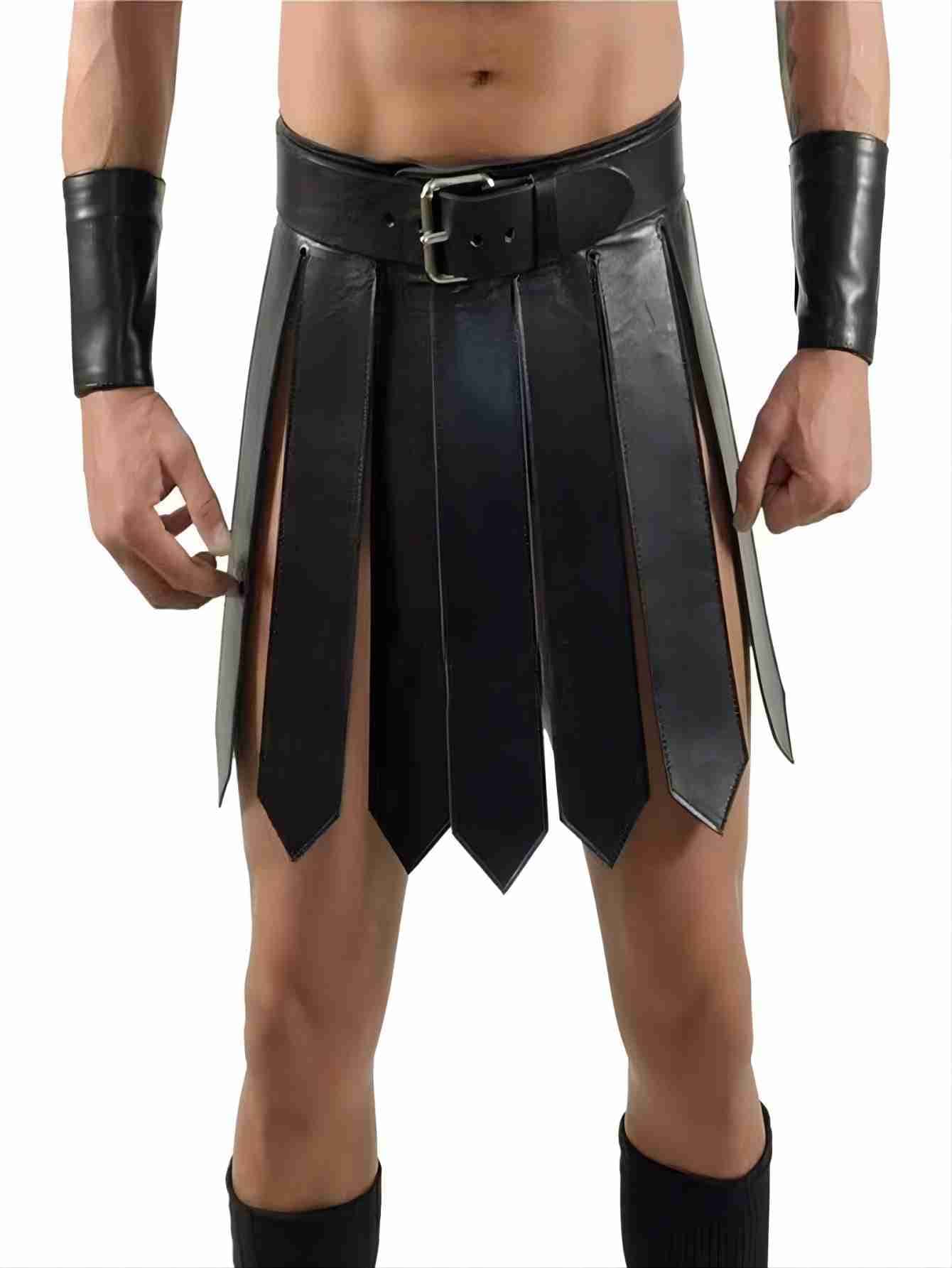 1pc Medieval Black PU Leather Roman Warrior Outfit With Accessories & Battle Skirt - Black - View 1