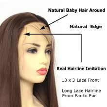 前蕾絲假髮棕色的直發假髮高清薄透蕾絲人造假髮耐熱纖維頭髮150%密度膠水適合女士帶嬰兒毛24英寸 - 棕色 - 查看 5