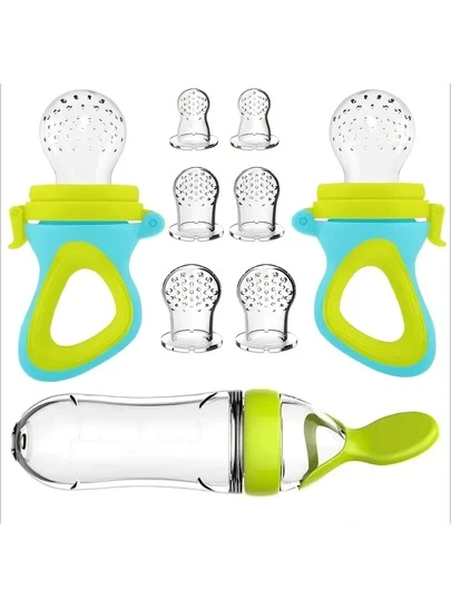 9pcs Baby Feeding Set: 1pc Silicone Feeding Bottle With Spoon, 2pcs Fresh Food Feeder, 6pcs (2pcs In Each Size S, M, L) Mesh Bags - Green