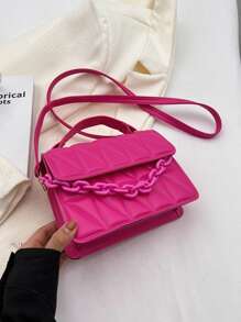 Chain Decor Embossed Diamond Print Small Handbag - Hot Pink - View 4